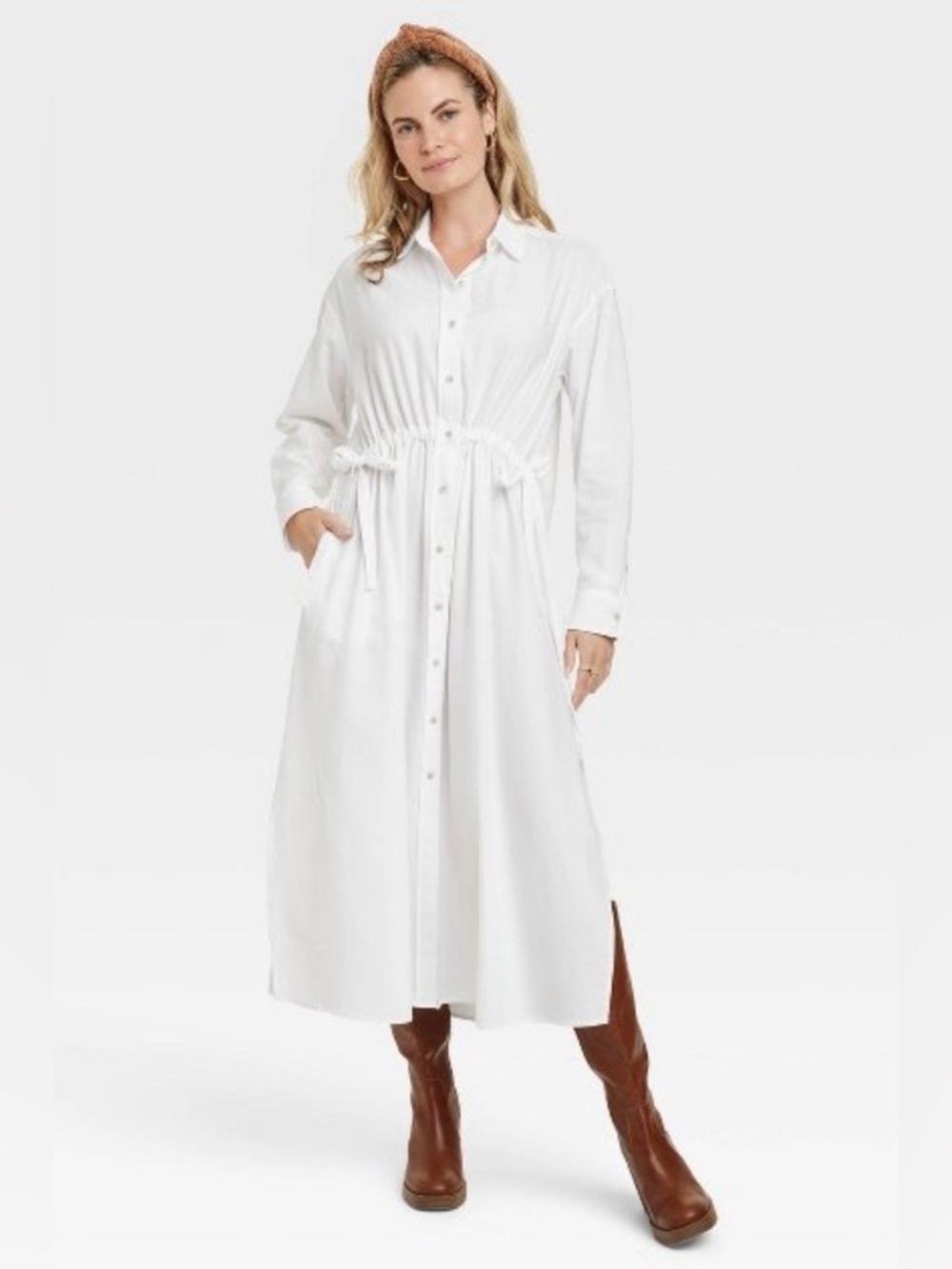 White Button-Down Drawstring Waist Shirt Dress
